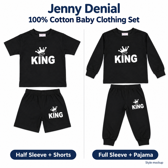 Jenny Denial 100% Cotton Hosiery Baby Clothing Set – Black KING Print, Half & Full Sleeve, Sizes 16–20