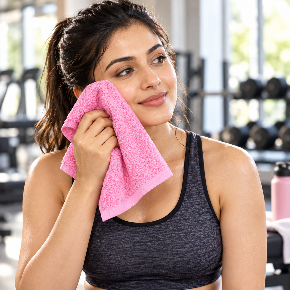 Pink 12 × 12 inch cotton face towel used after a gym workout