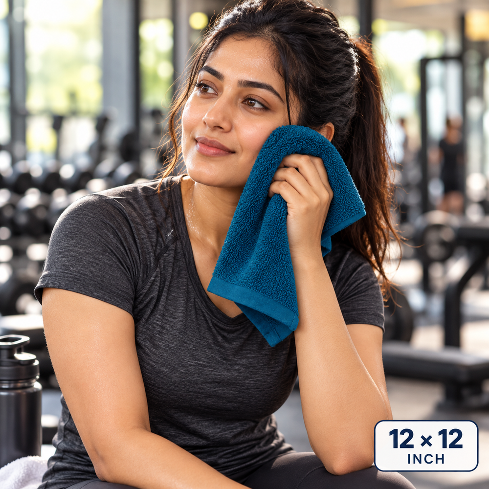 Jenny Denial Teal cotton terry face towel — female gym use, 400 GSM