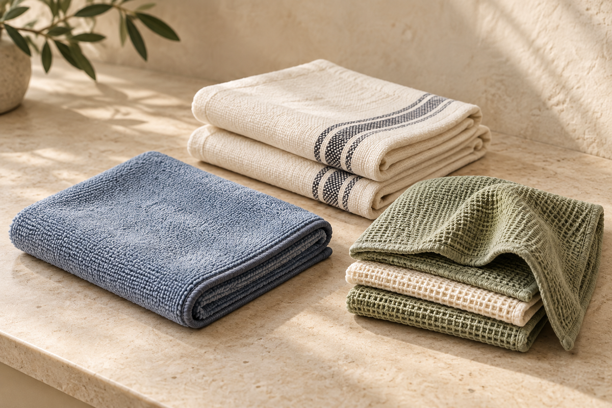 Car, floor and kitchen cleaning cloths styled on a warm beige surface