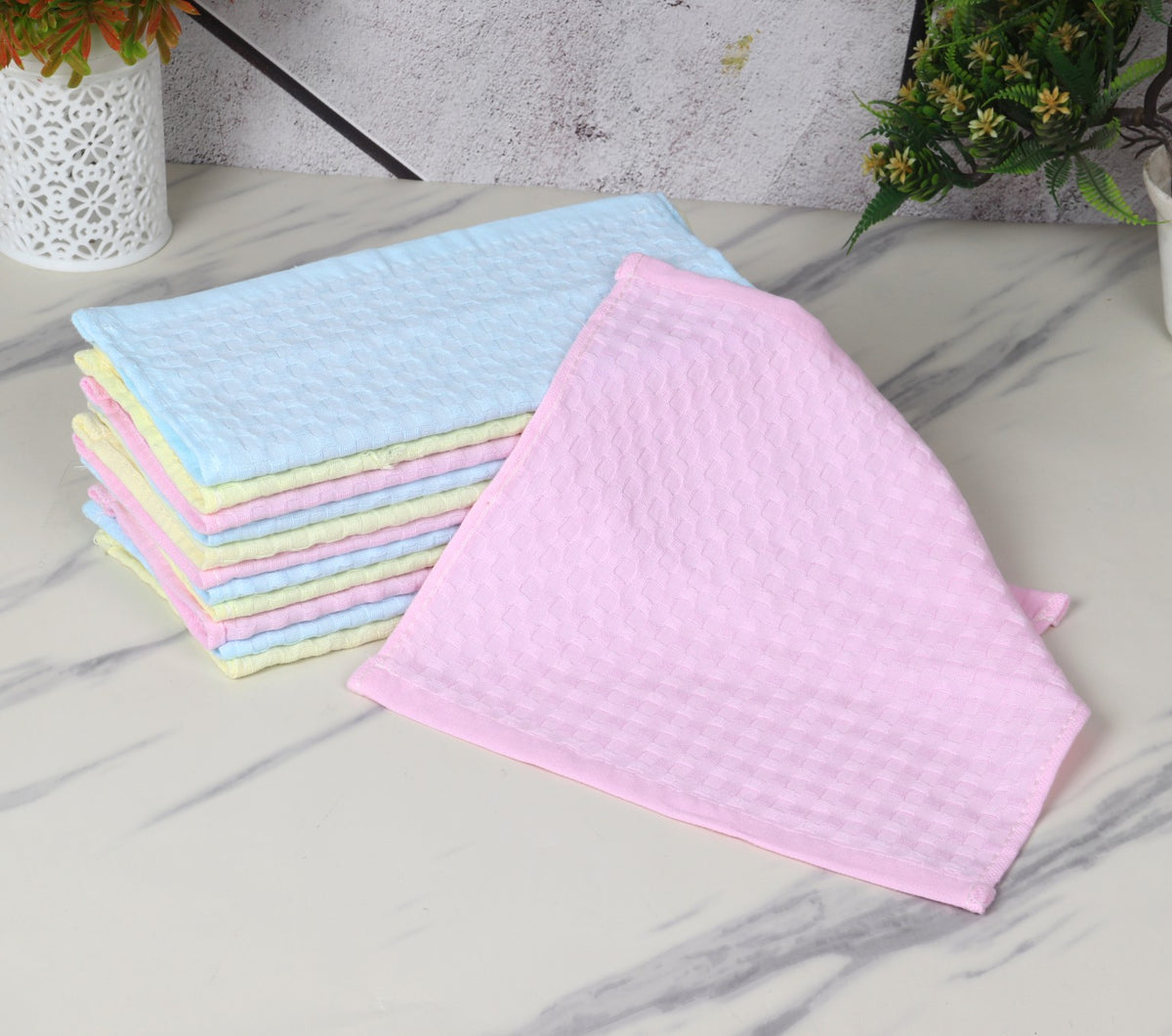 Jenny Denial pastel multicolour non-terry cotton face towels with woven check texture – view 2