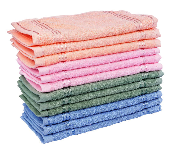 JENNY DENIAL 100% Cotton Face Towel Set of 12pc Soft & Absorbent (Size:: Small 9 * 9 Inch) Color :: Multi 300 GSM