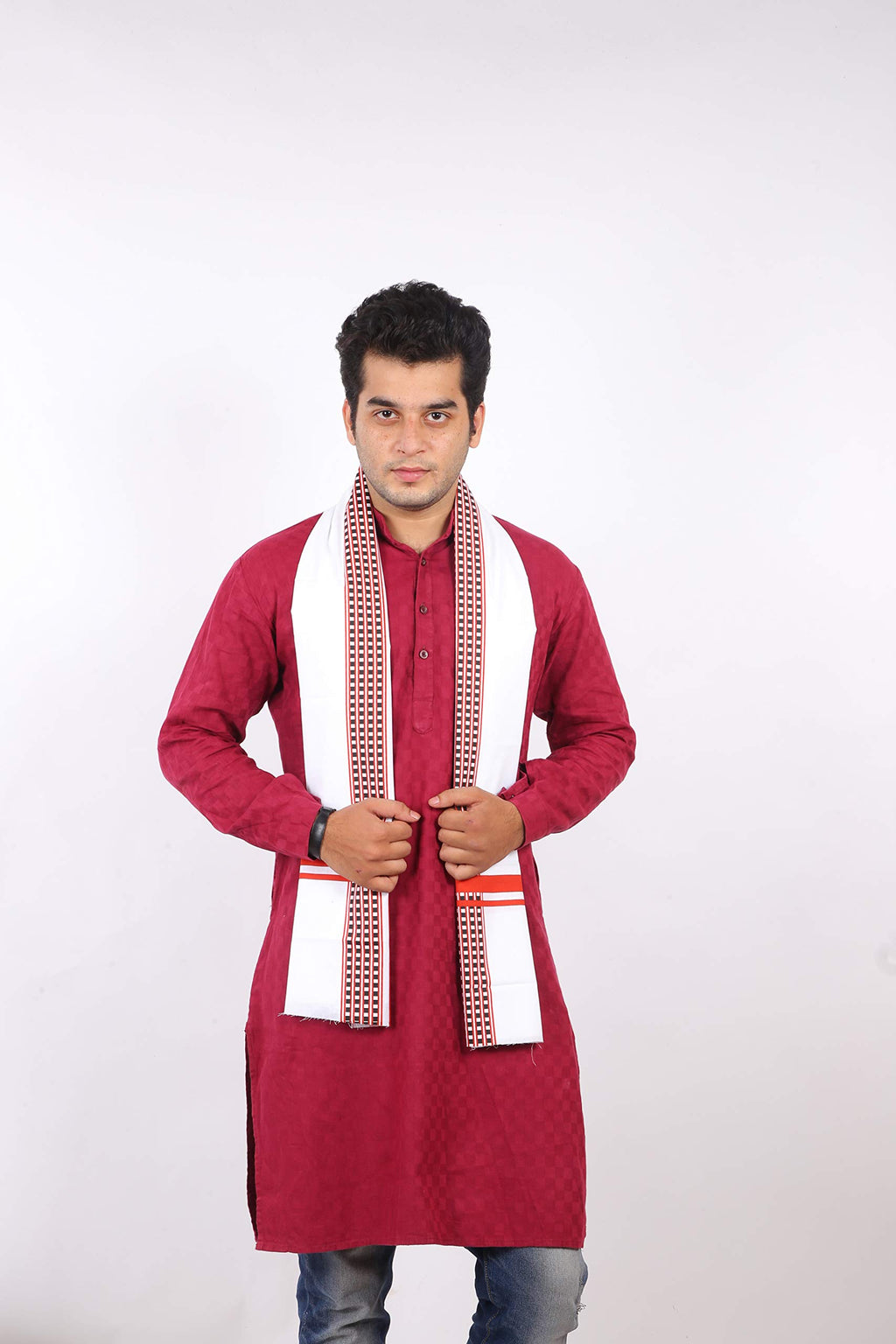 100% Pure Cotton Gamcha/Gomasa for Men 300 GSM Handloom Printed (Size :: Full Size) Stole Color White angocha
