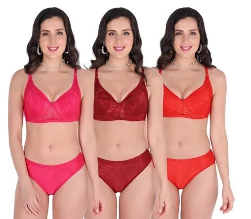 SCTC Women's Net Bra & Panty Set – Non-Padded, Wire-Free, Full Coverage | 3 Different Colours | Pack of 3 Sets