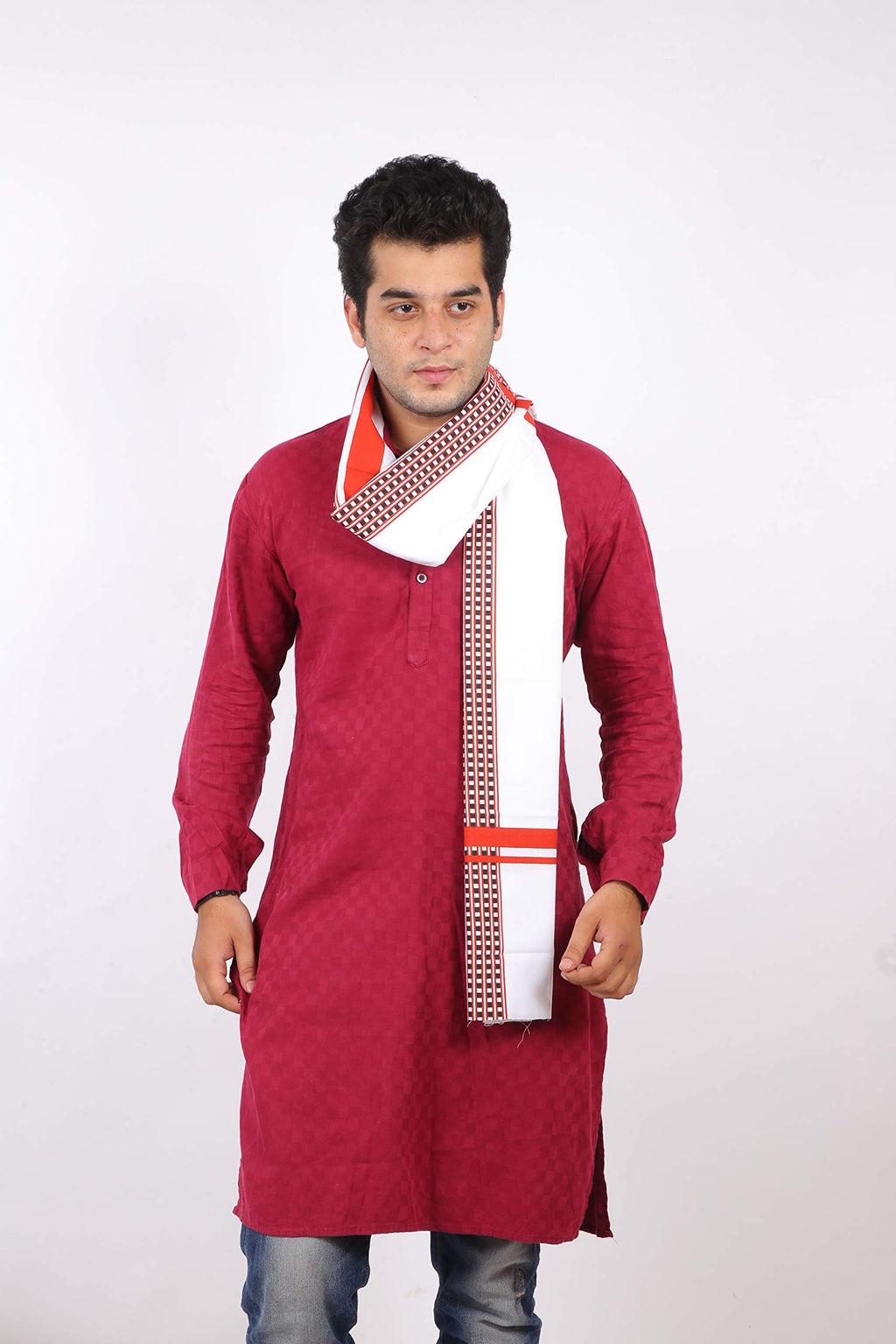100% Pure Cotton Gamcha/Gomasa for Men 300 GSM Handloom Printed (Size :: Full Size) Stole Color White angocha