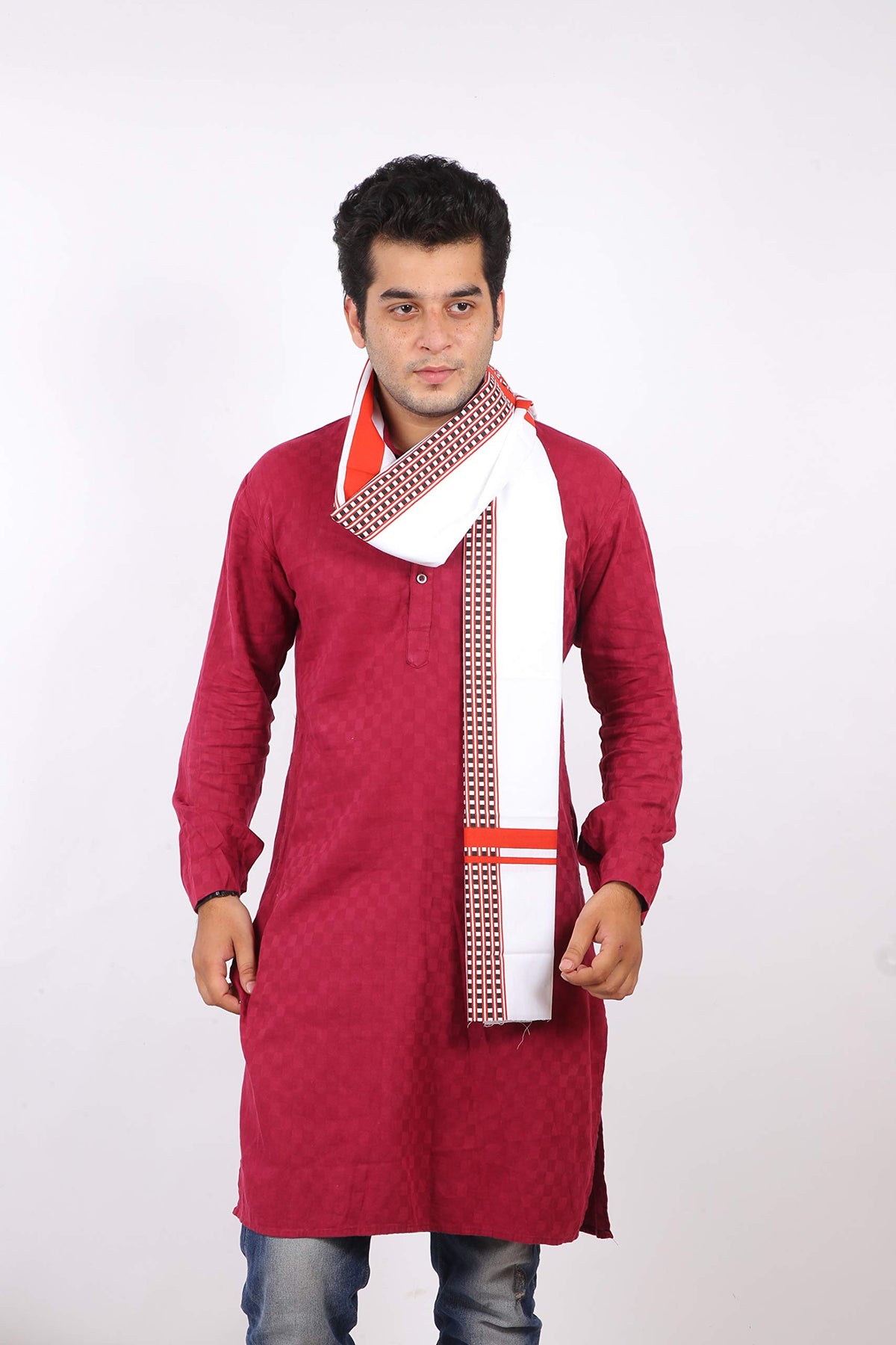 100% Pure Cotton Gamcha/Gomasa for Men 300 GSM Handloom Printed (Size :: Full Size) Stole Color White angocha