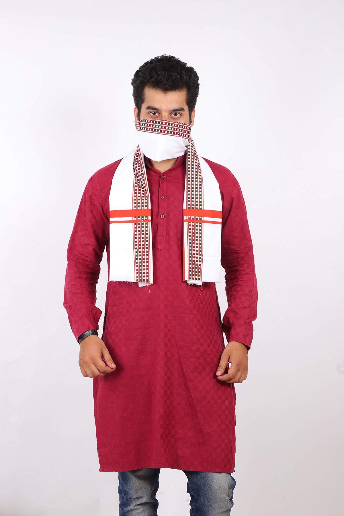 100% Pure Cotton Gamcha/Gomasa for Men 300 GSM Handloom Printed (Size :: Full Size) Stole Color White angocha
