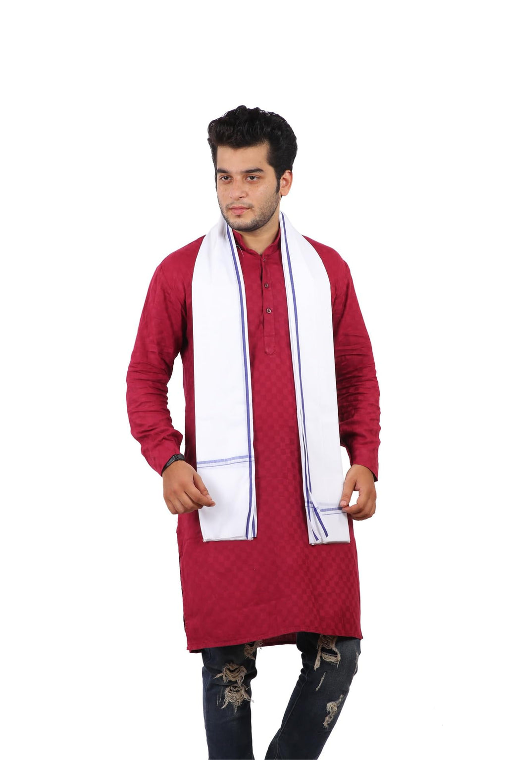 JENNY DENIAL 100% Pure Cotton White Gamcha/Gomasa for Men 300 GSM Handloom Printed (Size :: Full Size) Stole angocha