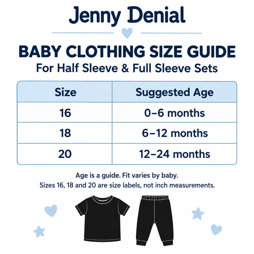 Jenny Denial suggested age guide: size 16 for 0–6 months, 18 for 6–12 months, 20 for 12–24 months