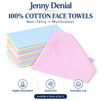 Jenny Denial 100% cotton non-terry multicolour face towels – highly absorbent, quick dry; packs of 6 or 12