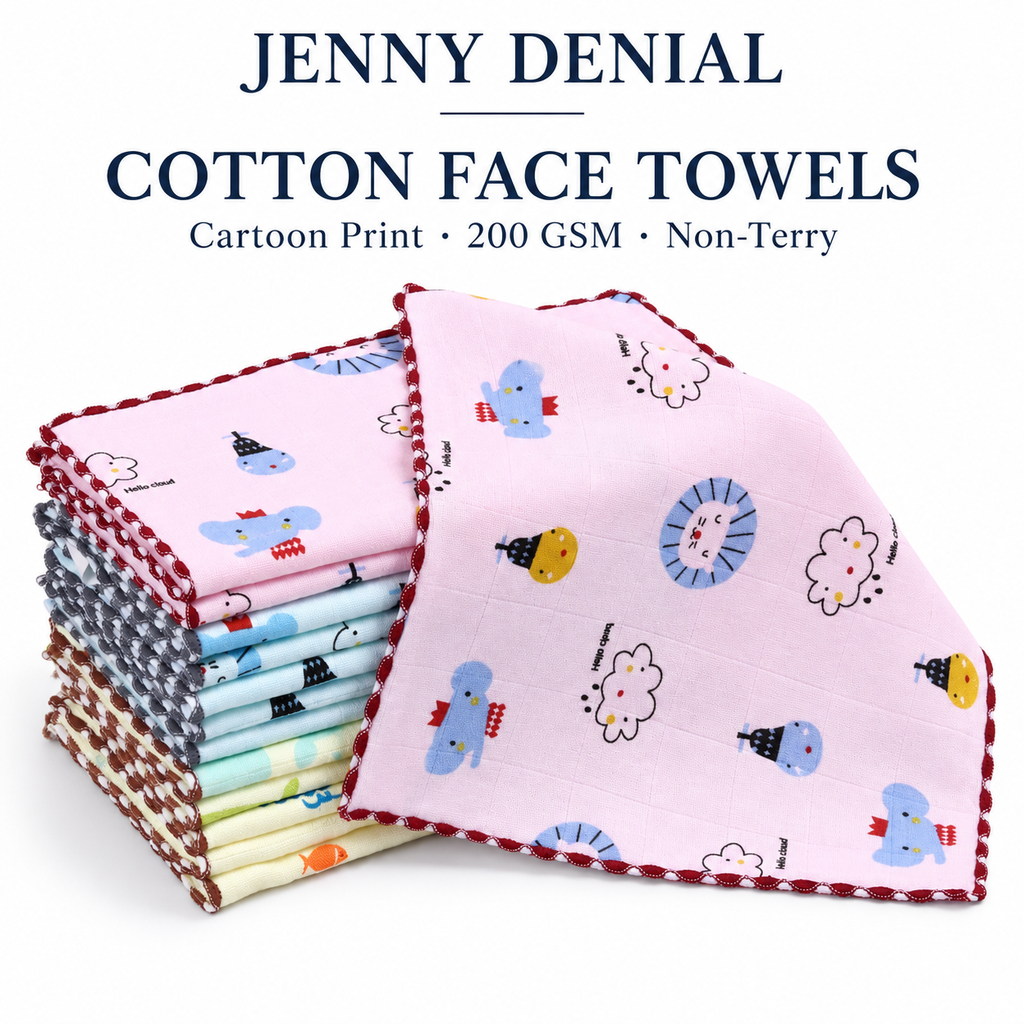 Jenny Denial Cartoon Print Cotton Baby Face Towels – 10 × 10 Inch, 200 GSM, Non-Terry, Multicolour — main creative