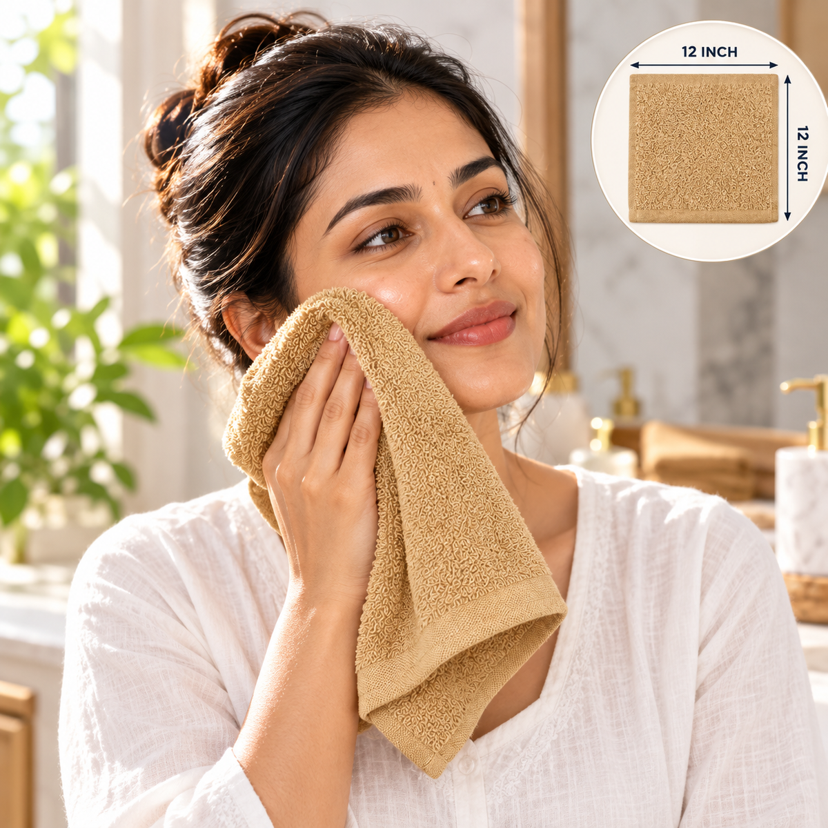 Jenny Denial Beige cotton terry face towel — female face-care use, 400 GSM