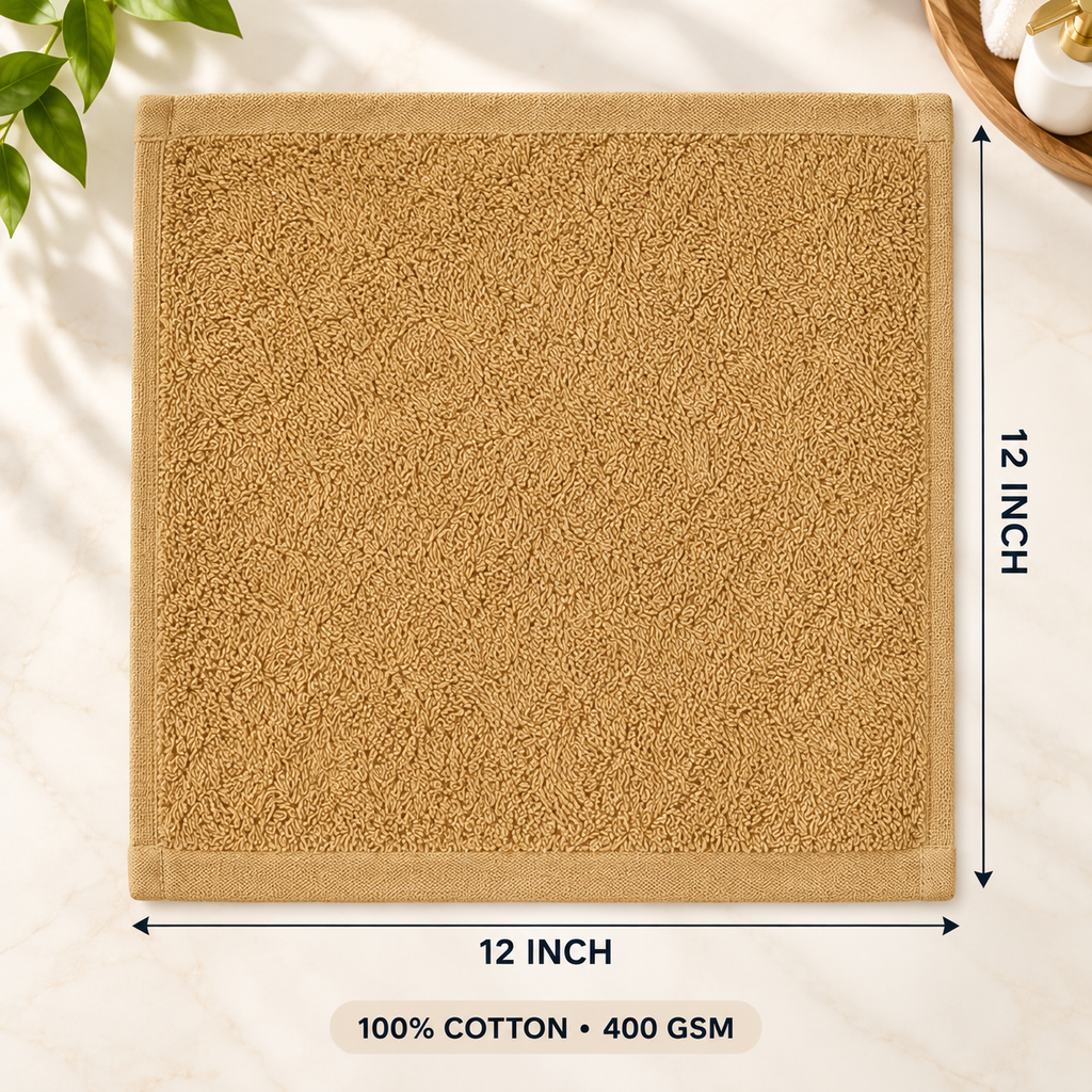 Jenny Denial Beige cotton terry face towel — 12 × 12 inch size guide, 400 GSM