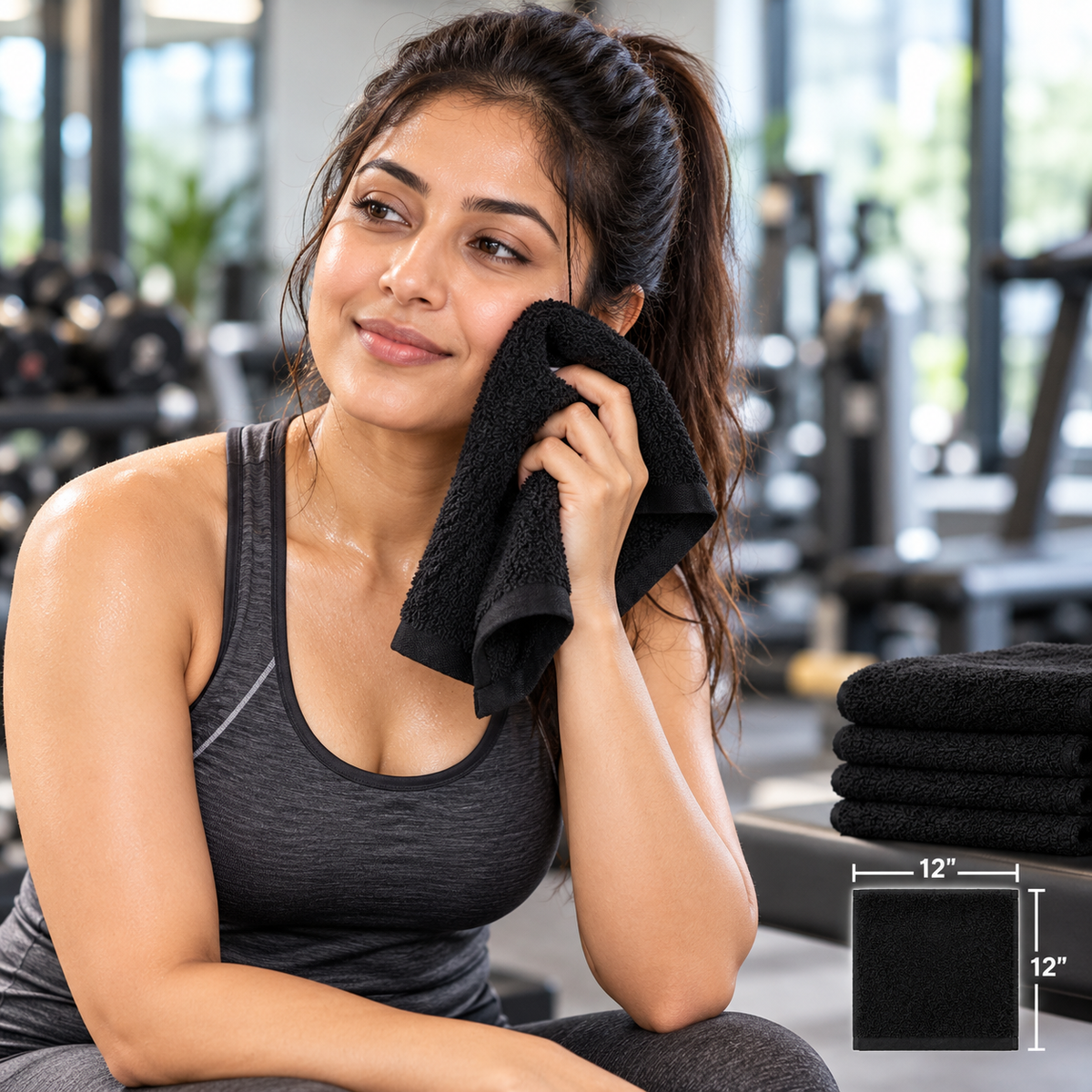 Jenny Denial Black cotton terry face towel, 12 × 12 inches, 400 GSM — gym use