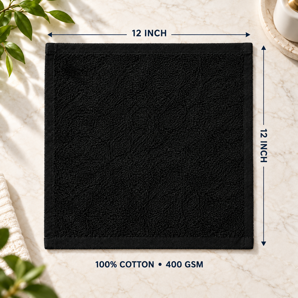 Jenny Denial Black cotton terry face towel, 12 × 12 inches, 400 GSM — size guide