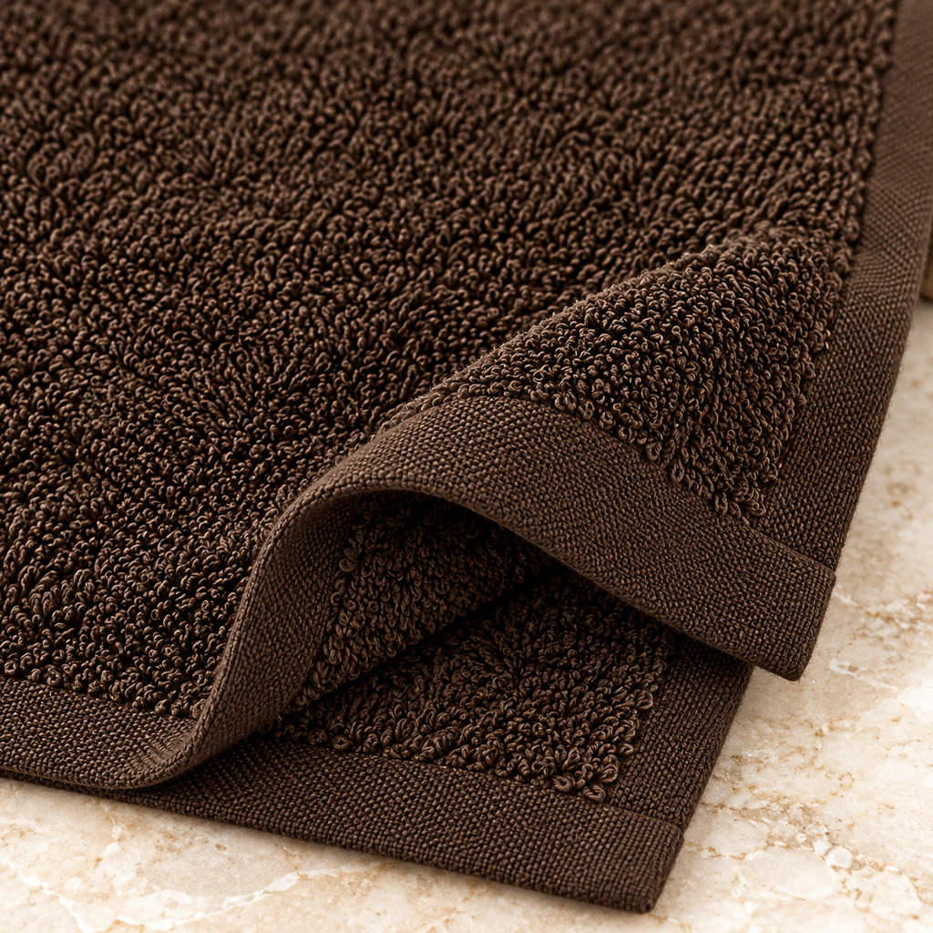 Jenny Denial Brown cotton terry face towel — terry fabric and hem detail, 400 GSM