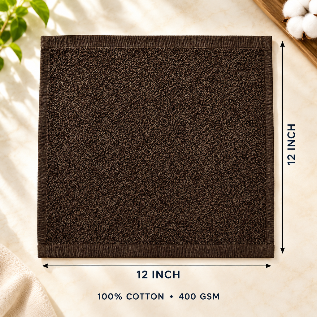 Jenny Denial Brown cotton terry face towel — 12 × 12 inch size guide, 400 GSM