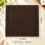 Jenny Denial Brown cotton terry face towel — 12 × 12 inch size guide, 400 GSM