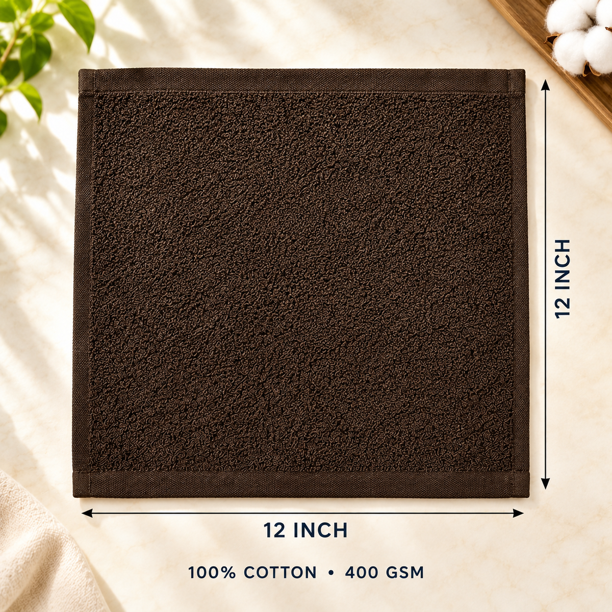 Jenny Denial Brown cotton terry face towel — 12 × 12 inch size guide, 400 GSM