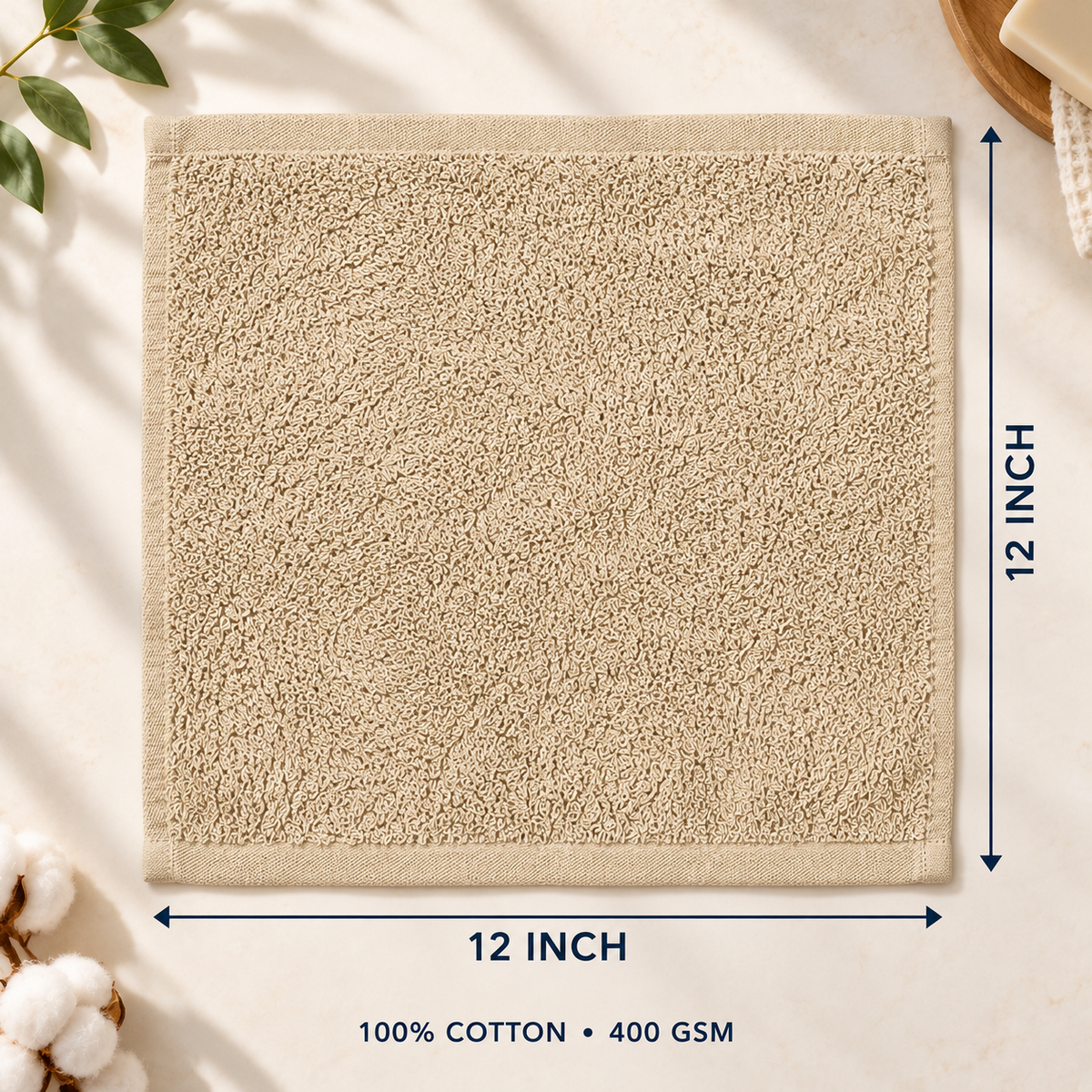 Jenny Denial Camel cotton terry face towel — 12 × 12 inch size guide, 400 GSM