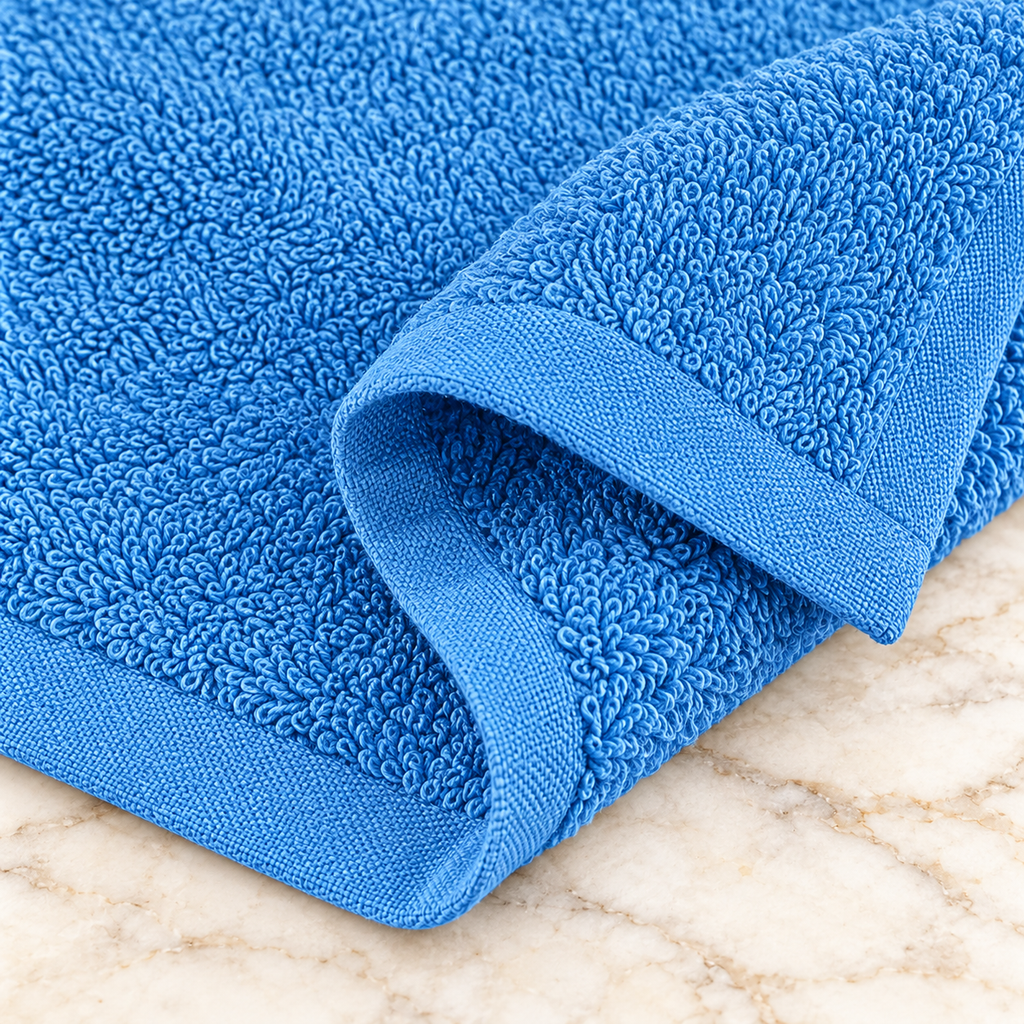 Jenny Denial Electric Blue cotton terry face towel — terry fabric and hem detail, 400 GSM