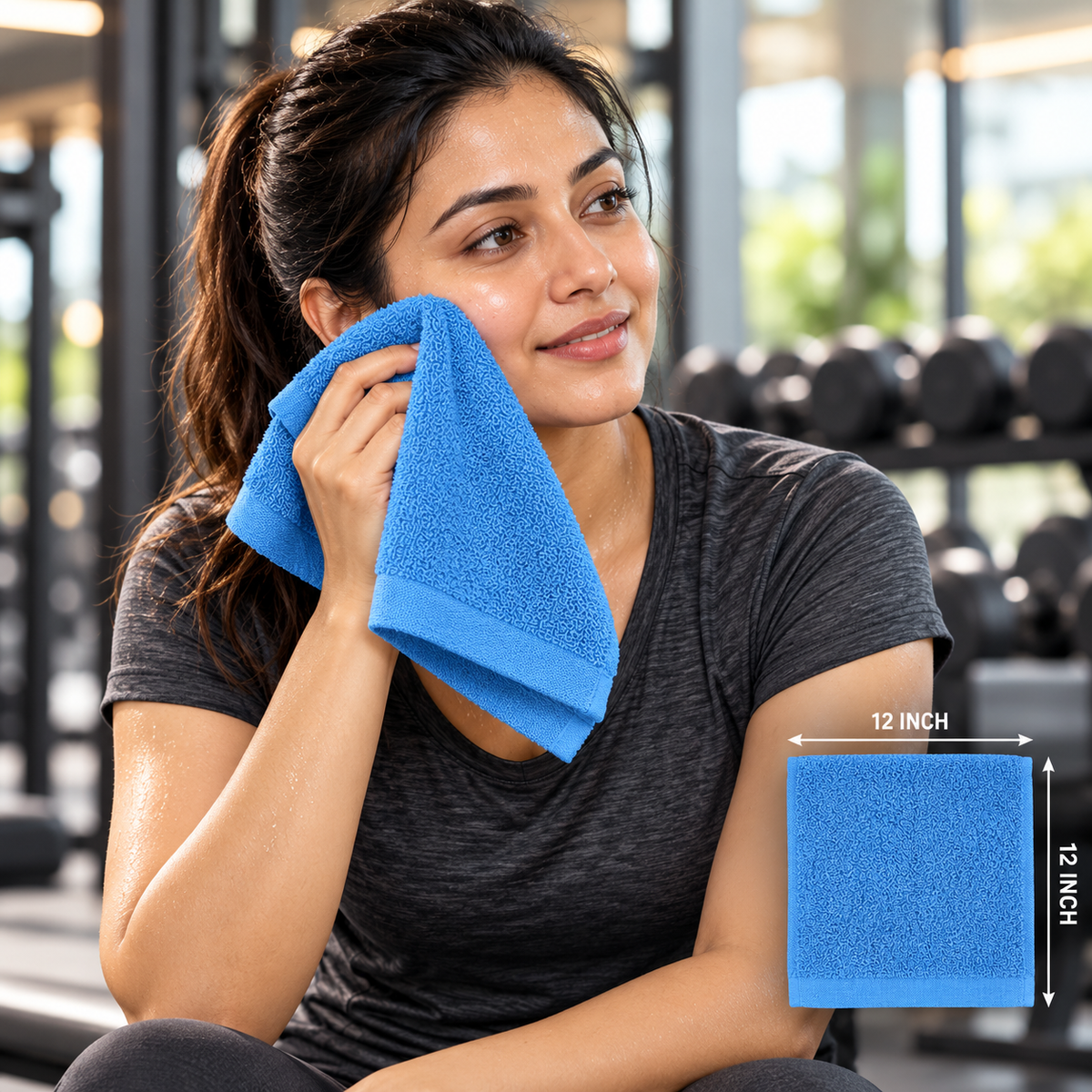 Jenny Denial Electric Blue cotton terry face towel — female gym use, 400 GSM