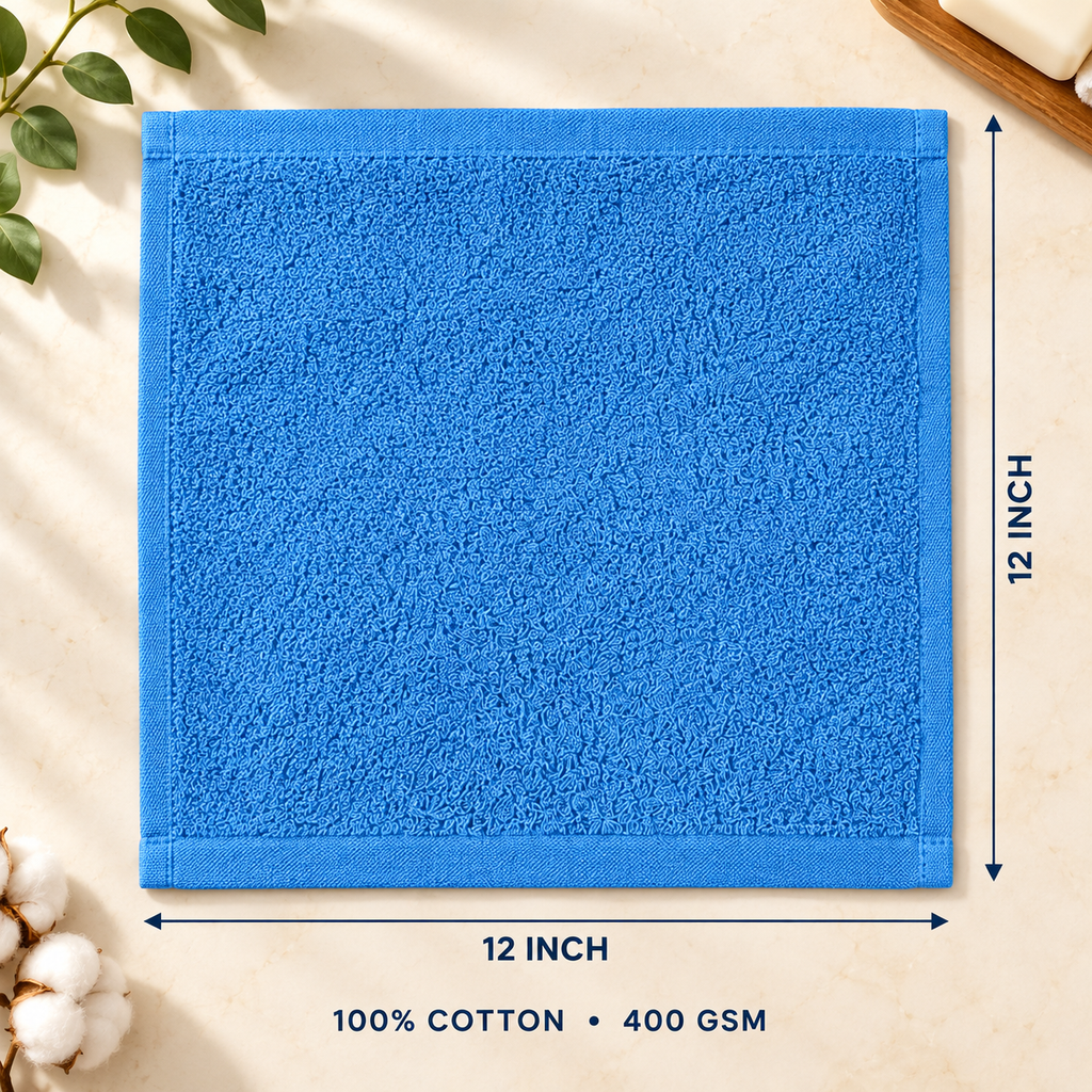 Jenny Denial Electric Blue cotton terry face towel — 12 × 12 inch size guide, 400 GSM
