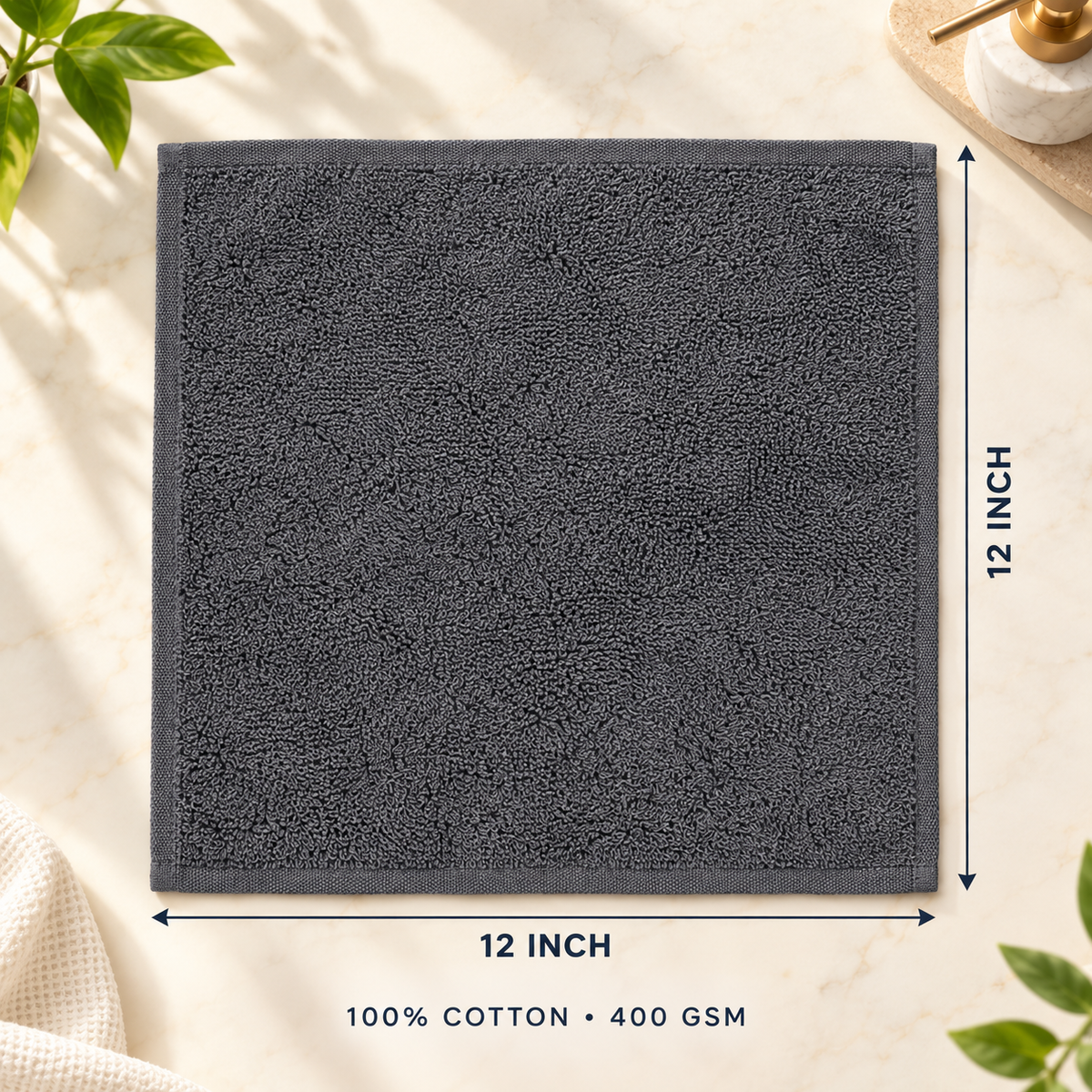 Jenny Denial Grey cotton terry face towel — 12 × 12 inch size guide, 400 GSM