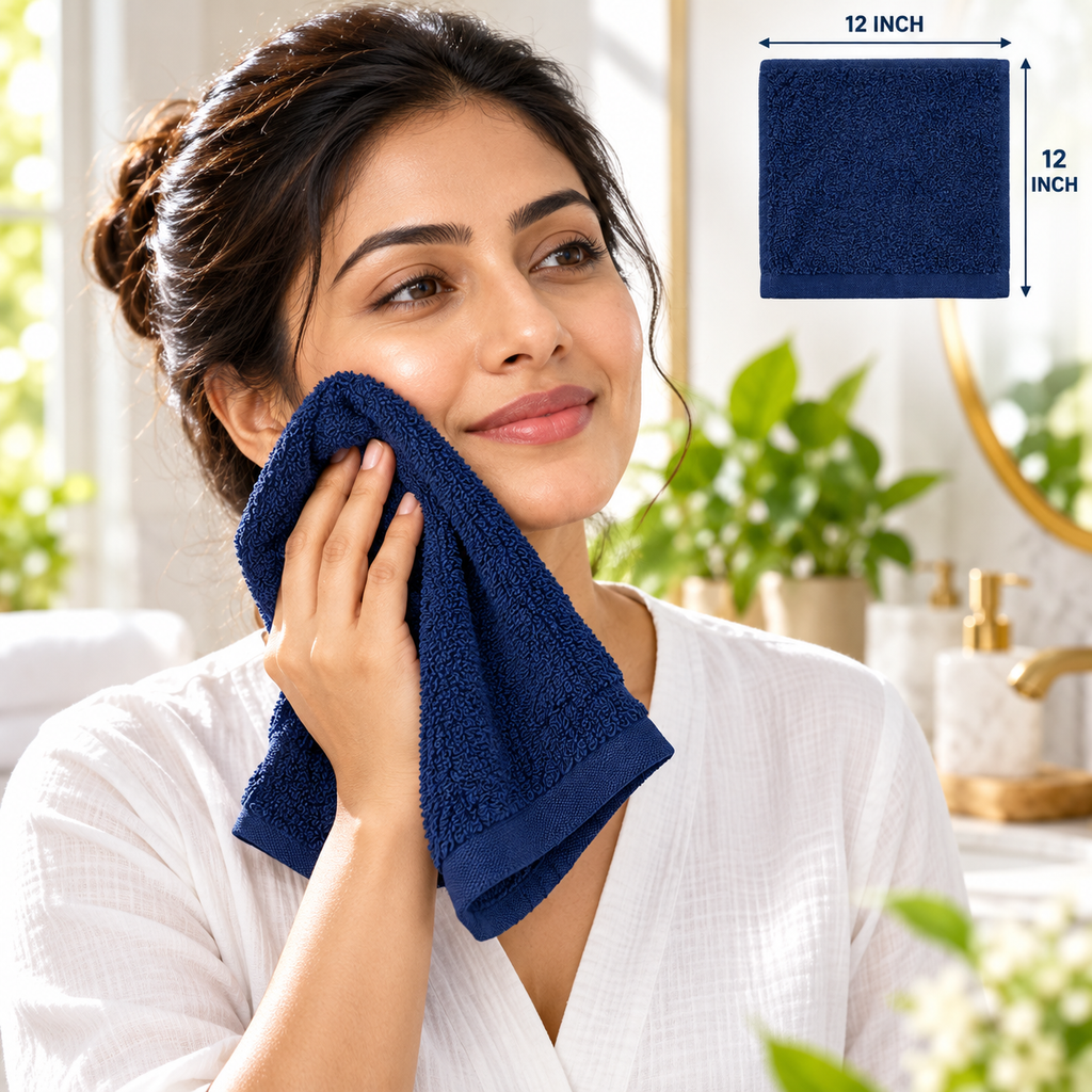 Jenny Denial Navy Blue cotton terry face towel — female face-care use, 400 GSM