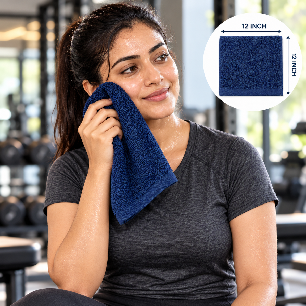 Jenny Denial Navy Blue cotton terry face towel — female gym use, 400 GSM