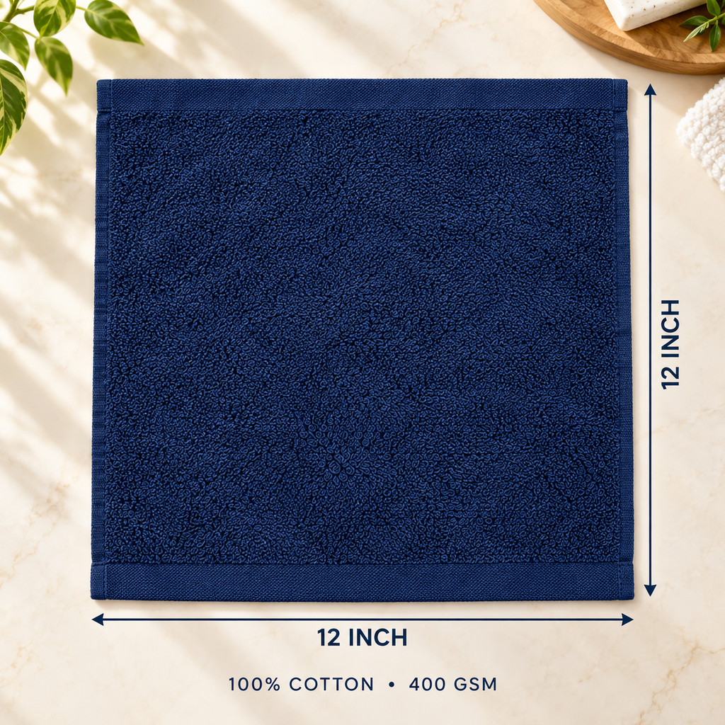 Jenny Denial Navy Blue cotton terry face towel — 12 × 12 inch size guide, 400 GSM