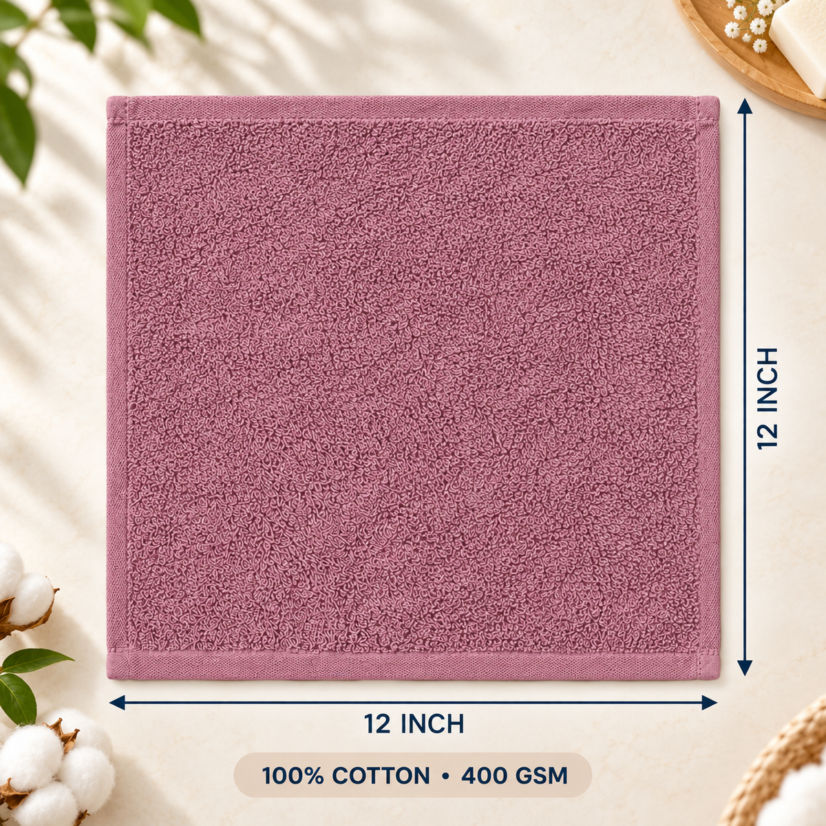 Jenny Denial Onion cotton terry face towel — 12 × 12 inch size guide, 400 GSM