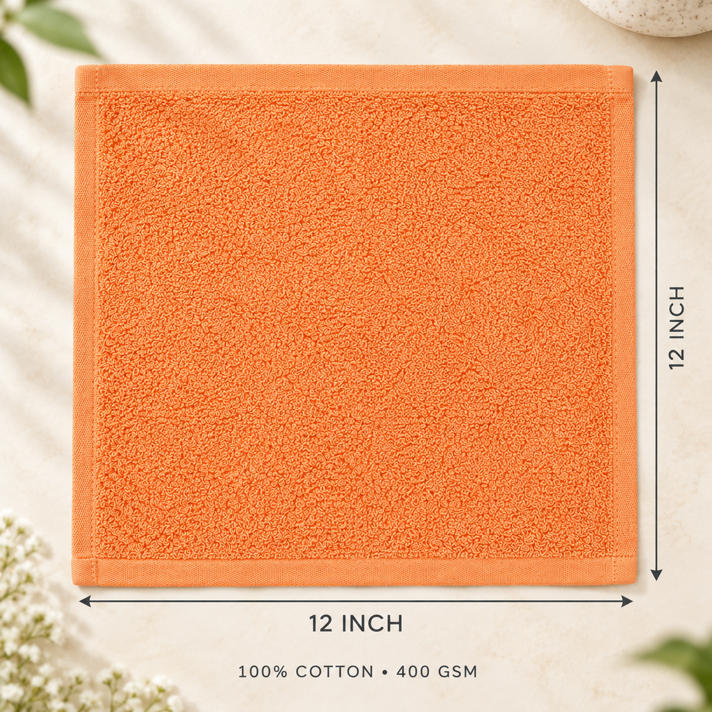 Jenny Denial Peach cotton terry face towel — 12 × 12 inch size guide, 400 GSM