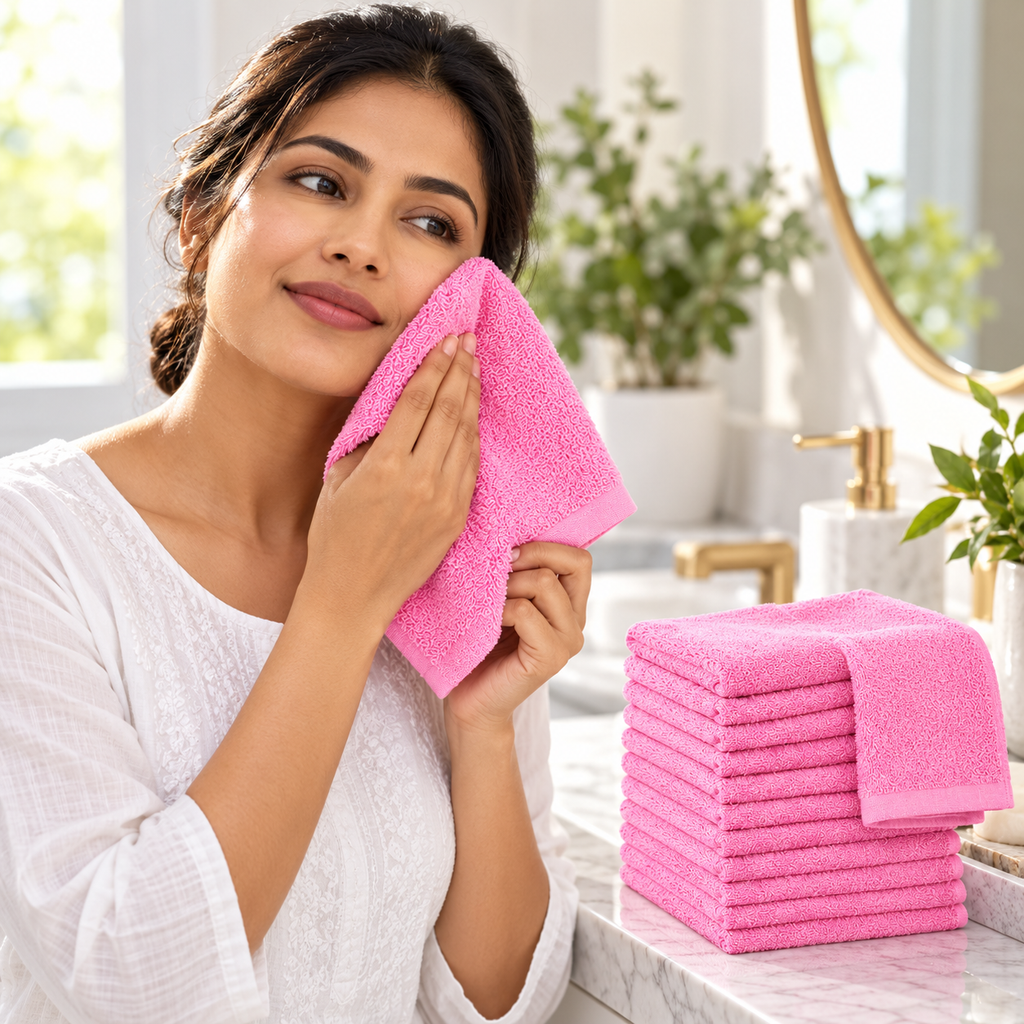 Jenny Denial Pink cotton terry face towel, 12 × 12 inches, 400 GSM — face-care use