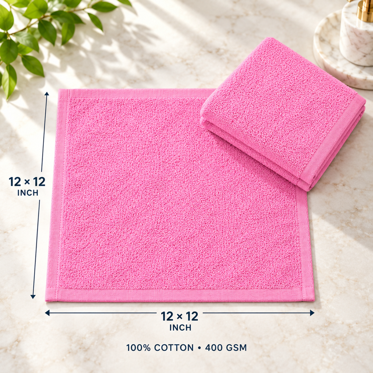 Jenny Denial Pink cotton terry face towel, 12 × 12 inches, 400 GSM — size guide