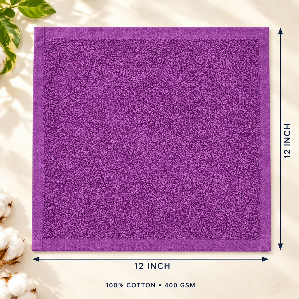 Jenny Denial Purple cotton terry face towel — 12 × 12 inch size guide, 400 GSM