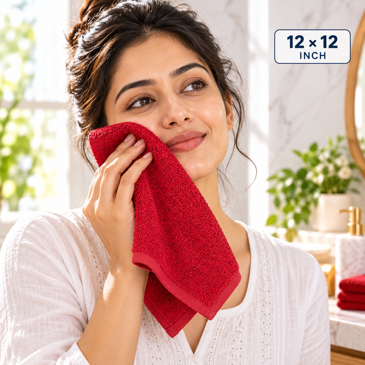 Jenny Denial Red cotton terry face towel — female face-care use, 400 GSM