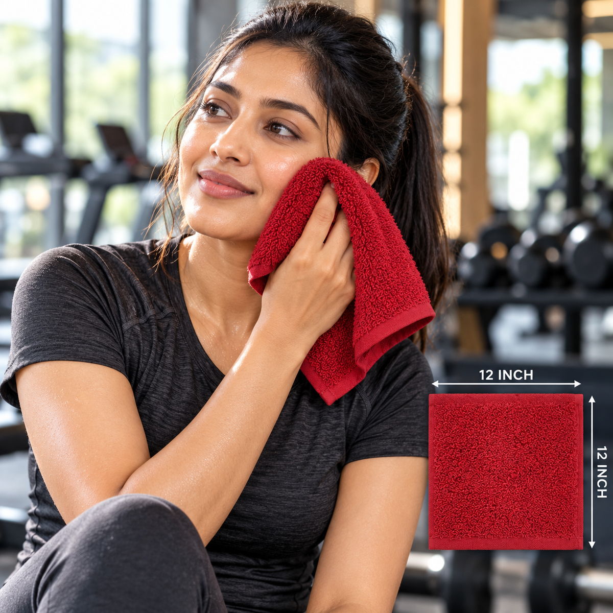 Jenny Denial Red cotton terry face towel — female gym use, 400 GSM