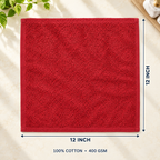 Jenny Denial Red cotton terry face towel — 12 × 12 inch size guide, 400 GSM