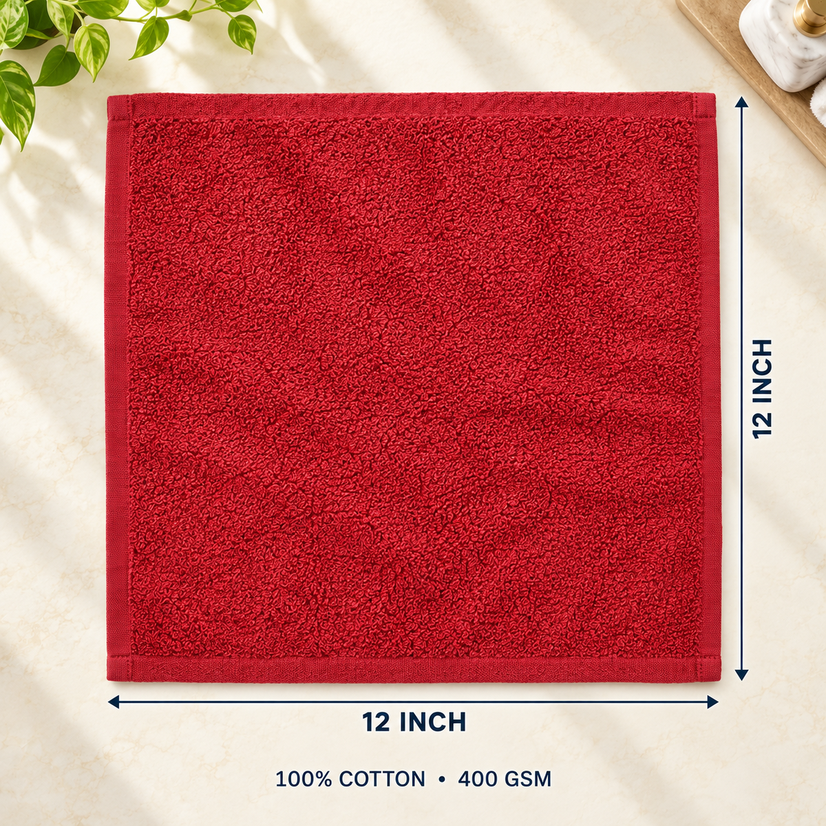 Jenny Denial Red cotton terry face towel — 12 × 12 inch size guide, 400 GSM