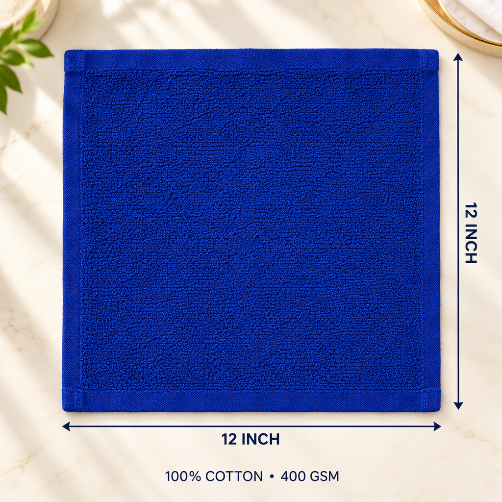 Jenny Denial Royal Blue cotton terry face towel — 12 × 12 inch size guide, 400 GSM