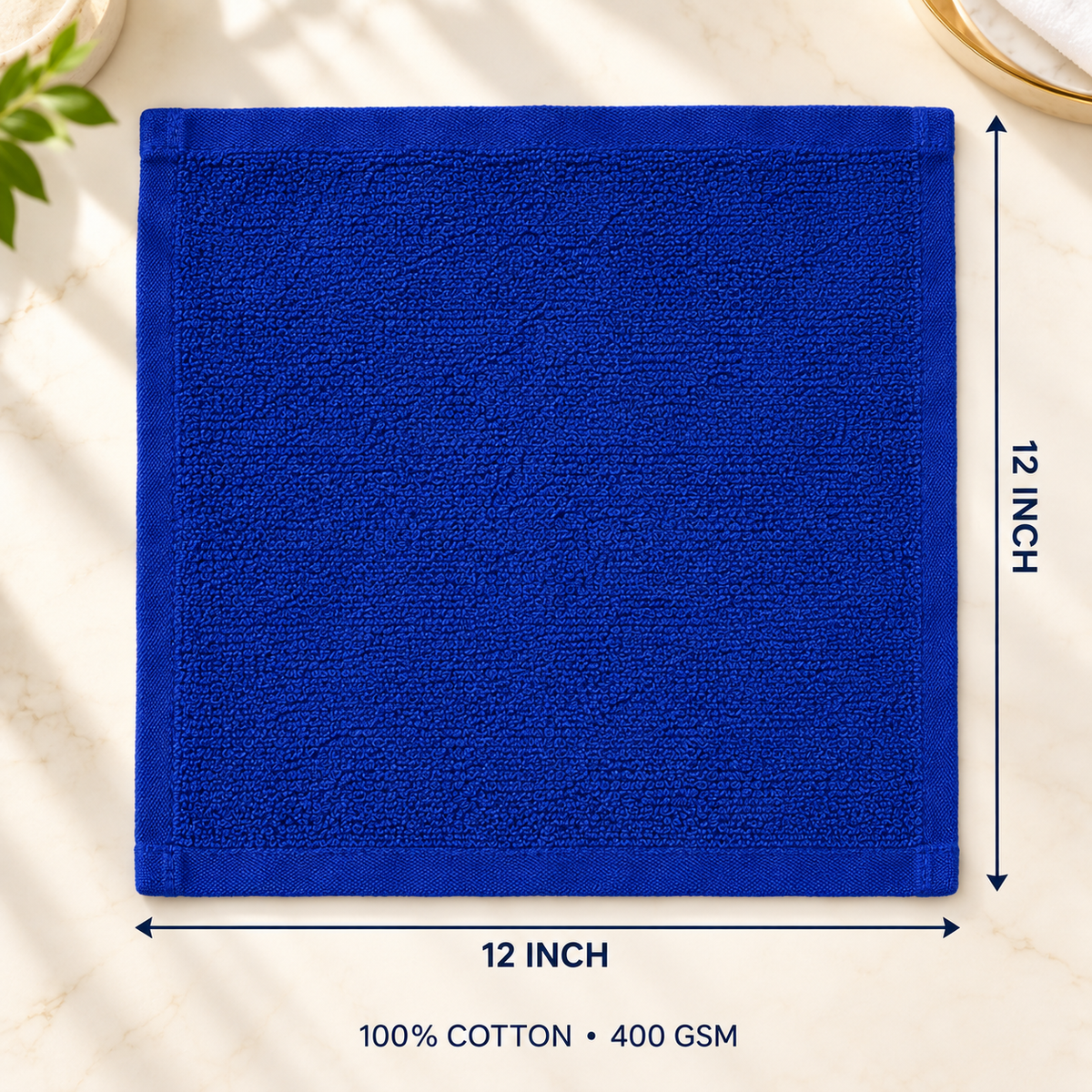 Jenny Denial Royal Blue cotton terry face towel — 12 × 12 inch size guide, 400 GSM