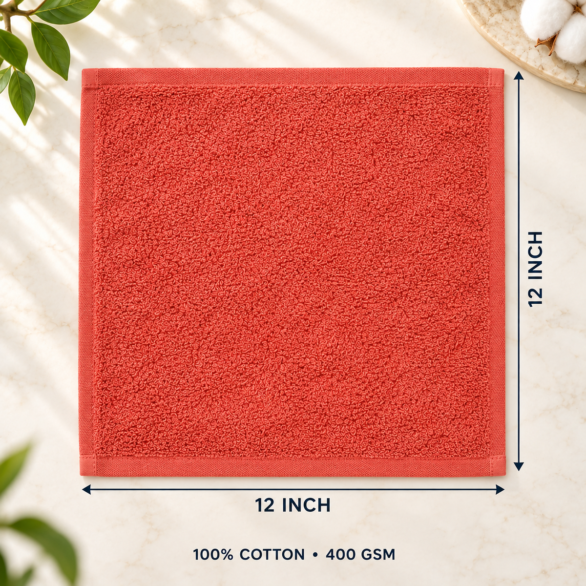 Jenny Denial Rust cotton terry face towel — 12 × 12 inch size guide, 400 GSM
