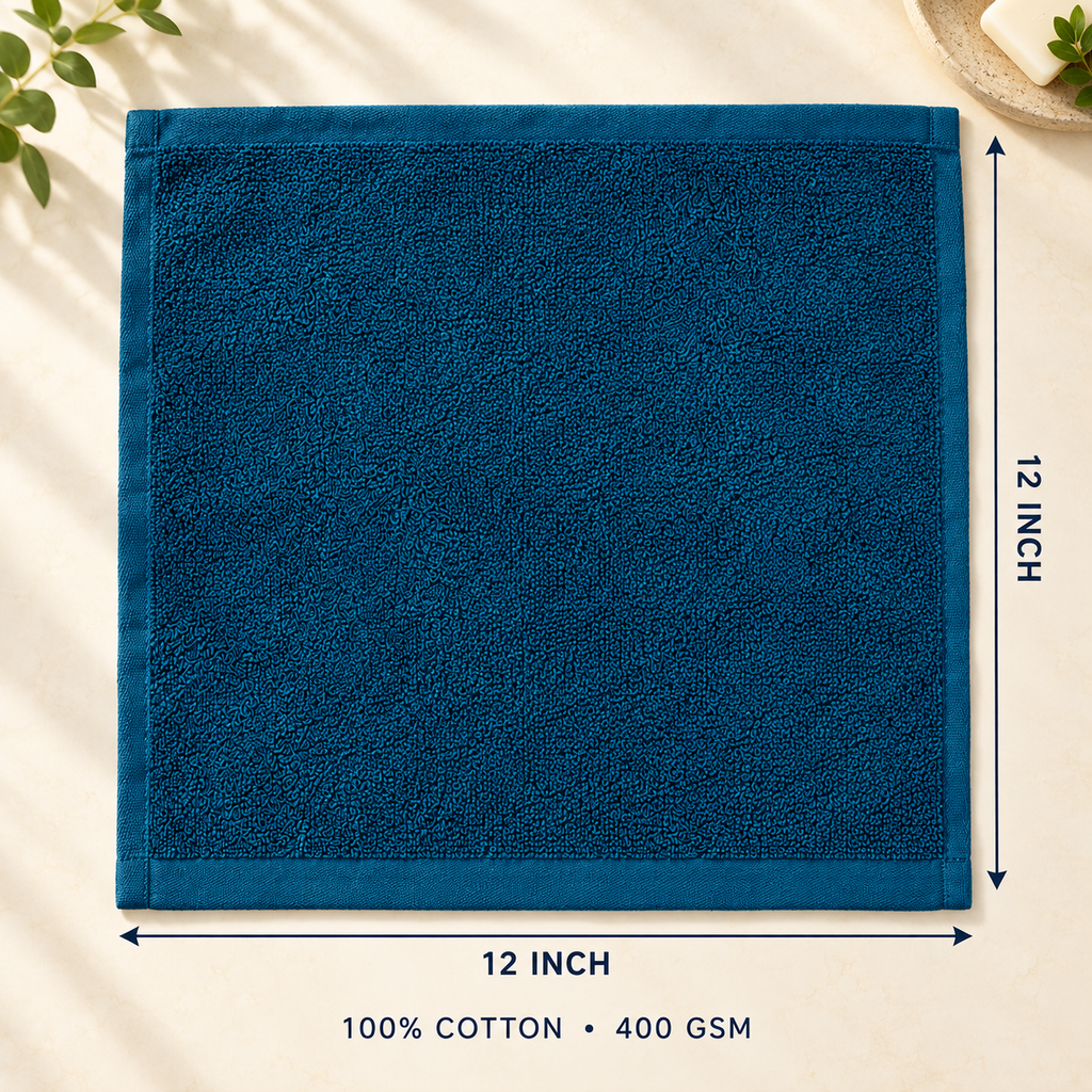 Jenny Denial Teal cotton terry face towel — 12 × 12 inch size guide, 400 GSM