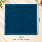 Jenny Denial Teal cotton terry face towel — 12 × 12 inch size guide, 400 GSM