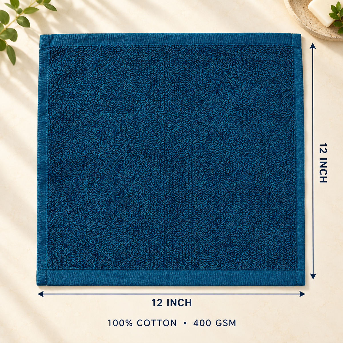 Jenny Denial Teal cotton terry face towel — 12 × 12 inch size guide, 400 GSM