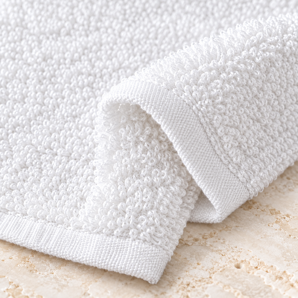 Jenny Denial White cotton terry face towel — terry fabric and hem detail, 400 GSM