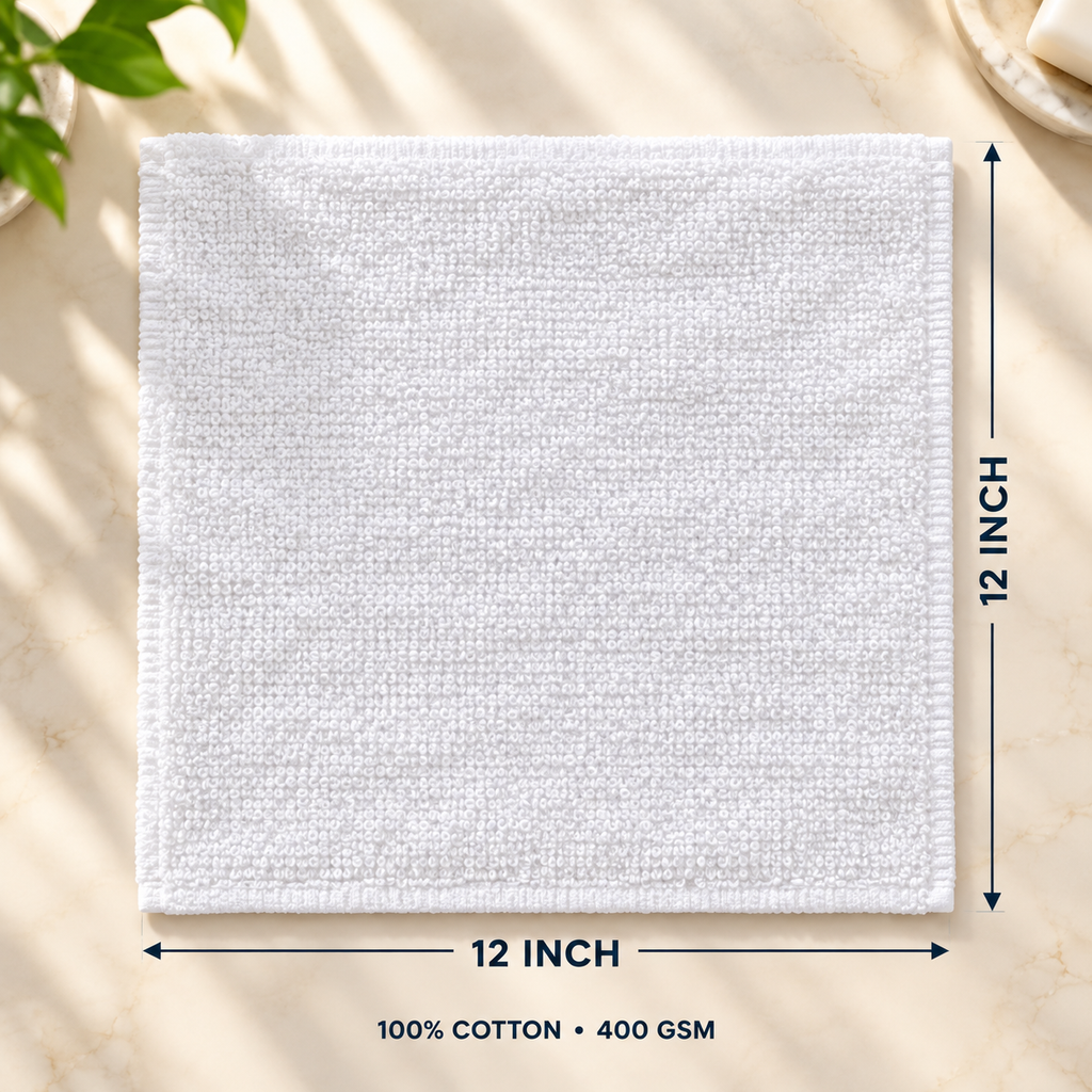 Jenny Denial White cotton terry face towel — 12 × 12 inch size guide, 400 GSM