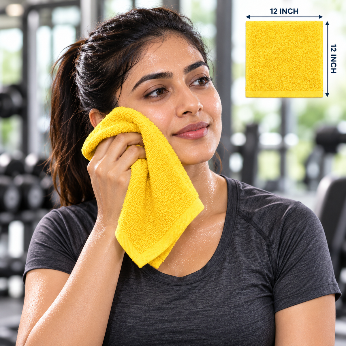 Jenny Denial Yellow cotton terry face towel — female gym use, 400 GSM