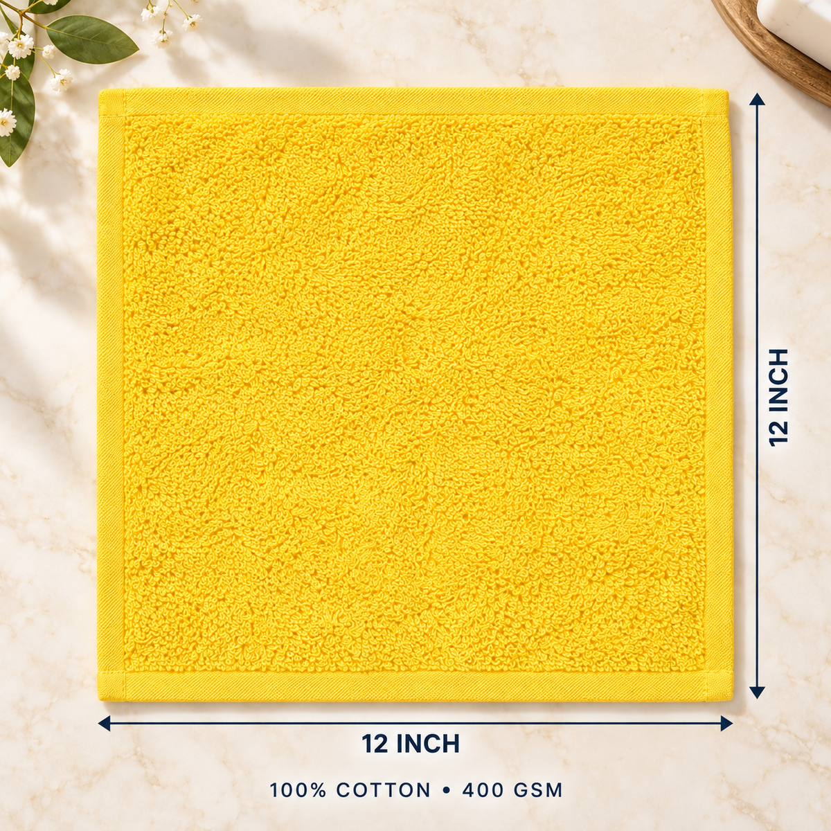 Jenny Denial Yellow cotton terry face towel — 12 × 12 inch size guide, 400 GSM